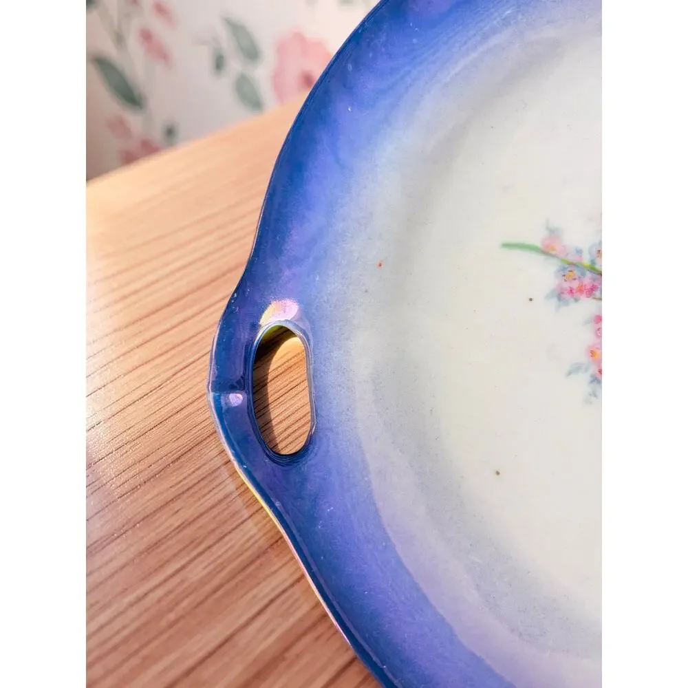 Vintage Czechoslovakia Porcelain Serving Plate Tray Birds Floral Blue Luster